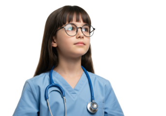 Young caucasian girl, child age, long dark hair, modern eyeglasses, light blue medical scrub top, stethoscope, gazing confidently upwards, transparent background, ample copy space for future career