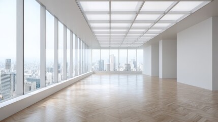 Fototapeta premium Modern Empty Office Interior with Panoramic City View, Wood Flooring and Natural Light, Ideal for Business