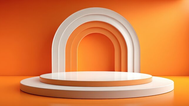 Modern Orange Product Display Podium with White Arch Backdrops for Marketing and Presentation