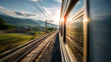 High-speed train moving through a scenic landscape, motion blur effect, sunlight glinting off metal, dynamic and futuristic travel vibe.