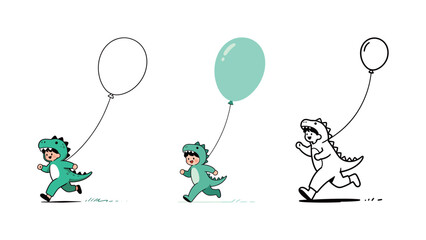 Three illustrations of a child in a dinosaur costume running and holding a balloon. One is a colored illustration, and the other two are line art.