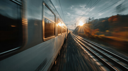 High-speed train moving through a scenic landscape, motion blur effect, sunlight glinting off metal, dynamic and futuristic travel vibe.