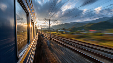 High-speed train moving through a scenic landscape, motion blur effect, sunlight glinting off metal, dynamic and futuristic travel vibe.