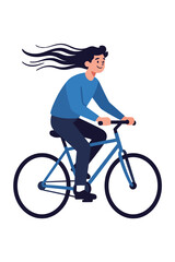 A girl with long, flowing black hair is riding a bicycle with a happy expression. The illustration shows a healthy, active lifestyle.