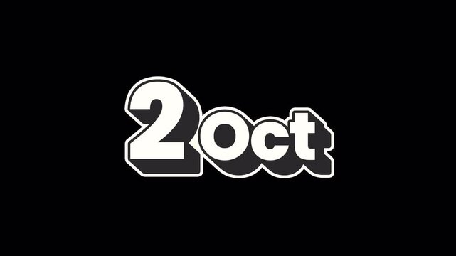 2 Oct, October 2 Black design Calendar Sticker Animation, Transparent Background