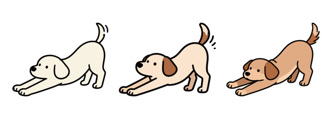 Three illustrations of a dog in a play bow position. The set shows a golden retriever from a simple line drawing to a full-color illustration.