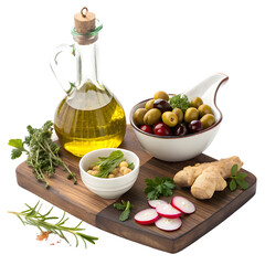 Mediterranean Diet: Olive Oil, Olives, Herbs & Spices for Healthy Eating on transparent background