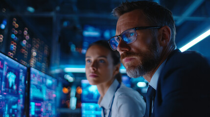 Professionals analyzing market data on multiple screens, futuristic office, holographic charts, focused expressions, ambient LED lighting.