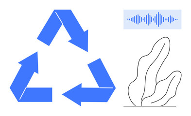 Blue recycling arrows, a soundwave visual, and a minimalist plant sketch emphasize eco-consciousness. Ideal for sustainability, green energy, recycling, conservation, mindfulness, innovation simple