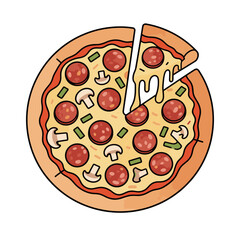 A delicious pepperoni and mushroom pizza with a slice being pulled away, showing the stretchy cheese. The illustration is colorful and appetizing.