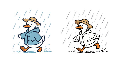 Two illustrations of a duck wearing a straw hat and a raincoat, happily running in the rain. One is colored, and the other is a simple black and white line art.