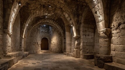 Obraz premium Eerie Medieval Stone Cellar Interior with Arched Ceilings and Mysterious Doorway, Perfect for Historical or Fantasy Themes