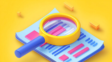 Magnifying glass over data graph on yellow background, showing analysis and research.