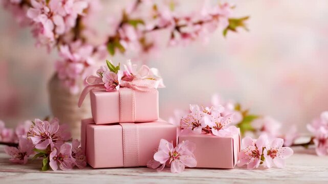 pink gift boxes with cherry blossom flowers spring celebration background romantic holiday concept wedding birthday anniversary present decoration feminine style