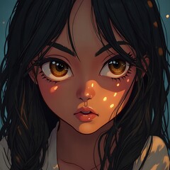 Girl Face Close-up with Big Eyes and Light Spots Cartoon Anime Style