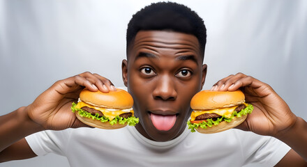 Hungry man holding two delicious cheeseburgers playful expression tasty food fast food burger meal lunch dinner appetite satisfaction cravings yummy cheesy beef lettuce tomato bun