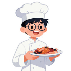 A delightful illustration of a happy cartoon male chef in a traditional white uniform and hat, proudly presenting a plate of delicious-looking food.