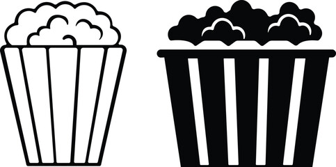 Art & IllustrationPopcorn icon set.Minimalist black and outline vector icon set of a popcorn bucket, symbolizing cinema, movie, and entertainment in a clean and simple design.