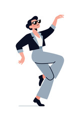 A vibrant and energetic cartoon illustration of a man with sunglasses and a trendy outfit, caught in a lively dance pose with a cheerful smile.