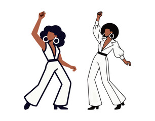 A retro and groovy illustration of two stylish women with afro hairstyles and white flared jumpsuits, joyfully dancing in a disco style.