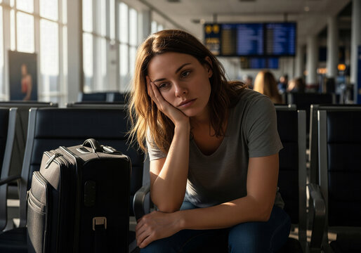 A sad and tired woman waiting for a delayed flight at an airport gate