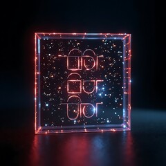 Glowing Abstract Symbol Encased in Illuminated Cube with Sparkling Particles
