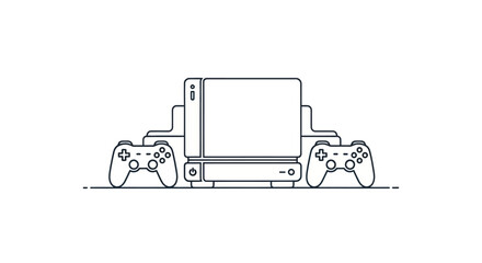 Modern Video Game Console with Two Controllers Line Art Illustration. © Leo