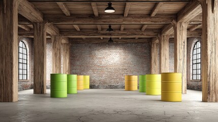 Spacious Warehouse Interior with Colorful Barrels: A Versatile Industrial Space for Creative Projects and Storage