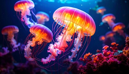 A cluster of vibrant, glowing jellyfish swim gracefully in deep blue water near coral reefs, lit from within