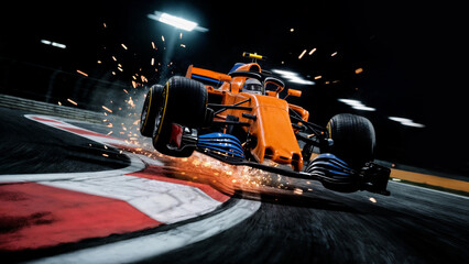 Orange Formula 1 car sparks while hitting curb during night race turn