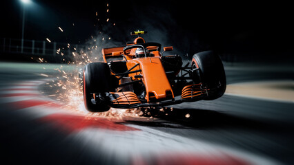 Orange formula one car cornering over kerb with sparks flying, motorsport night race