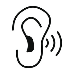 Human Ear with Sound Waves Illustrating Hearing, Listening, Audio Perception, and Communication, Simple Outline Icon Design