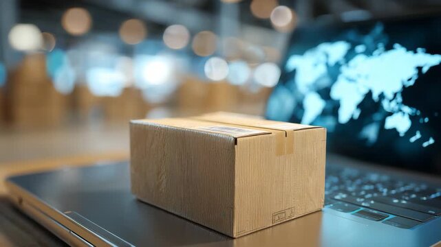Cardboard package boxes ready for delivery with laptop showing map in background concept of online shopping logistics courier service and global shipping distribution