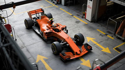 High angle view of a Formula One race car in the pit stop area ready for action