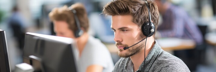 Handsome Employee Works at Call Center Wearing Headset While Sitting in Modern Office During Daytime