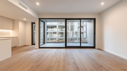 Fototapeta premium Modern Apartment Interior with Hardwood Flooring and Large Sliding Glass Doors Leading to Balcony View