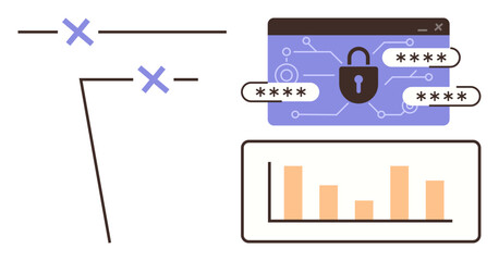 Digital padlock over a password-secured interface, data chart analytics, and decision-making flow diagram. Ideal for cybersecurity, data protection, strategy, technology, online safety, analytics