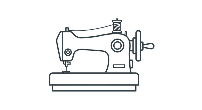 Simple black line art illustration of a vintage sewing machine with a thread spool.