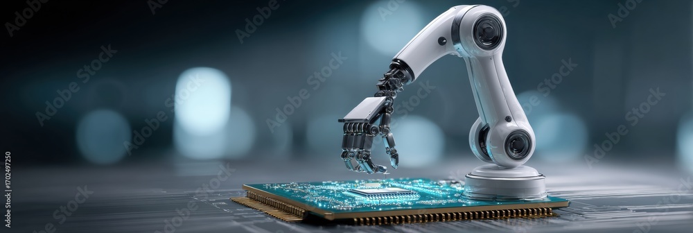 Aufkleber robot arm assembling microchip on circuit board in a technology lab during daytime