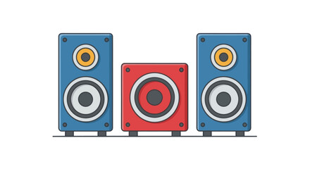 A colorful 21 channel audio speaker system with a red subwoofer and two blue satellite speakers.