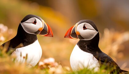 Two puffins face to face in a grassy area