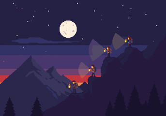 Pixel art depicting hikers navigating a mountain landscape under a starry night sky, using lanterns during a nighttime hiking adventure, the moon high above, a pixelated illustration