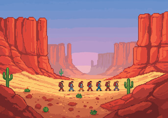 Pixel art scene of a team of explorers on a desert hiking adventure, walking through a vast red rock canyon at sunset