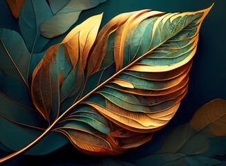 A striking botanical illustration of a detailed, layered leaf with a dramatic contrast of shimmering gold and deep teal tones.