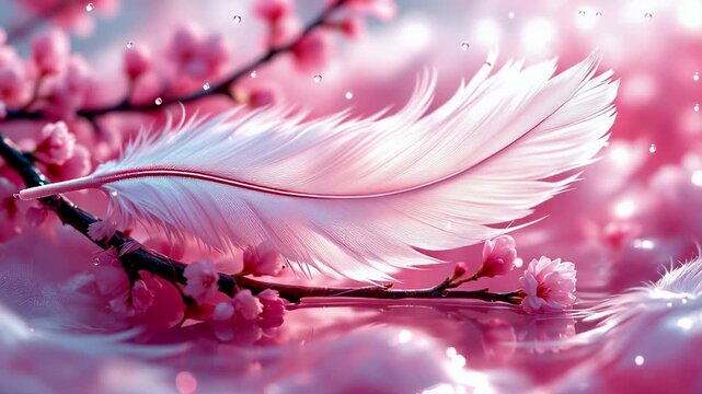 A delicate white feather rests on a branch with pink blossoms and shim