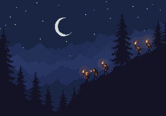 Night Hiking Adventure Pixel Art of Hikers Ascending Mountain Under Crescent Moon