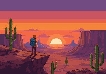 Hiking at Sunset A Pixelated Desert Adventure with Cacti, Grand Canyons, and Fiery Skies