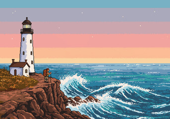 Experience the peaceful solitude of a pixel art coastal hiking journey to an iconic lighthouse, perched on dramatic cliffs with powerful ocean waves and a colorful sky