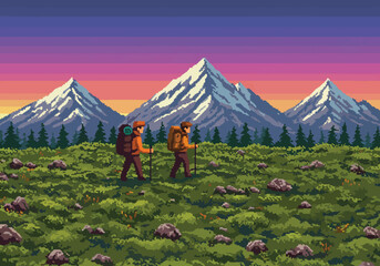 Pixel art scene of two friends hiking through a scenic mountain valley at sunset, an 8-bit retro video game style illustration of an adventure