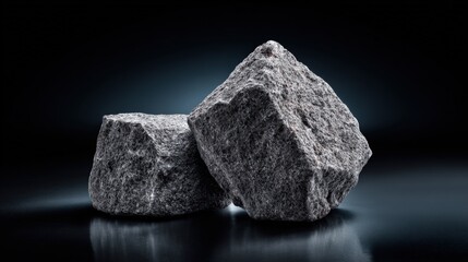 Two Rough Gray Rocks on Reflective Surface Showing Texture and Detail, ideal for background or product display